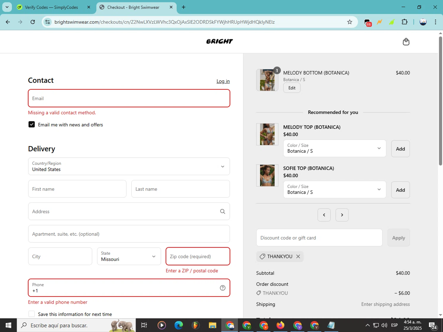Bright Swimwear discount code screenshot showing code THANKYOU applied at Bright Swimwear checkout page. Uploaded by SimplyCodes community member Soyvictor on Mar 25, 2025