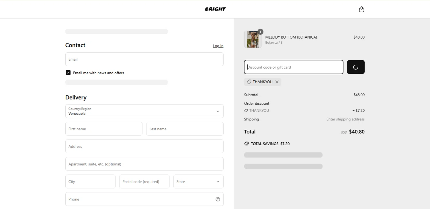 Bright Swimwear discount code screenshot showing code THANKYOU applied at Bright Swimwear checkout page. Uploaded by SimplyCodes community member CodePioneer3651 on Mar 22, 2025