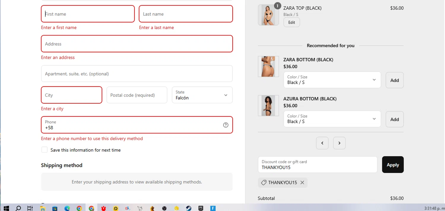 Bright Swimwear discount code screenshot showing code THANKYOU15 applied at Bright Swimwear checkout page. Uploaded by SimplyCodes community member FrugalHunter3134 on Jun 21, 2025