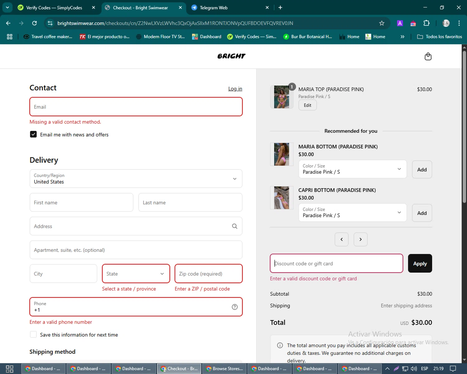 Bright Swimwear discount code screenshot showing code THANKYOU15 applied at Bright Swimwear checkout page. Uploaded by SimplyCodes community member John_Johnson on Apr 4, 2025