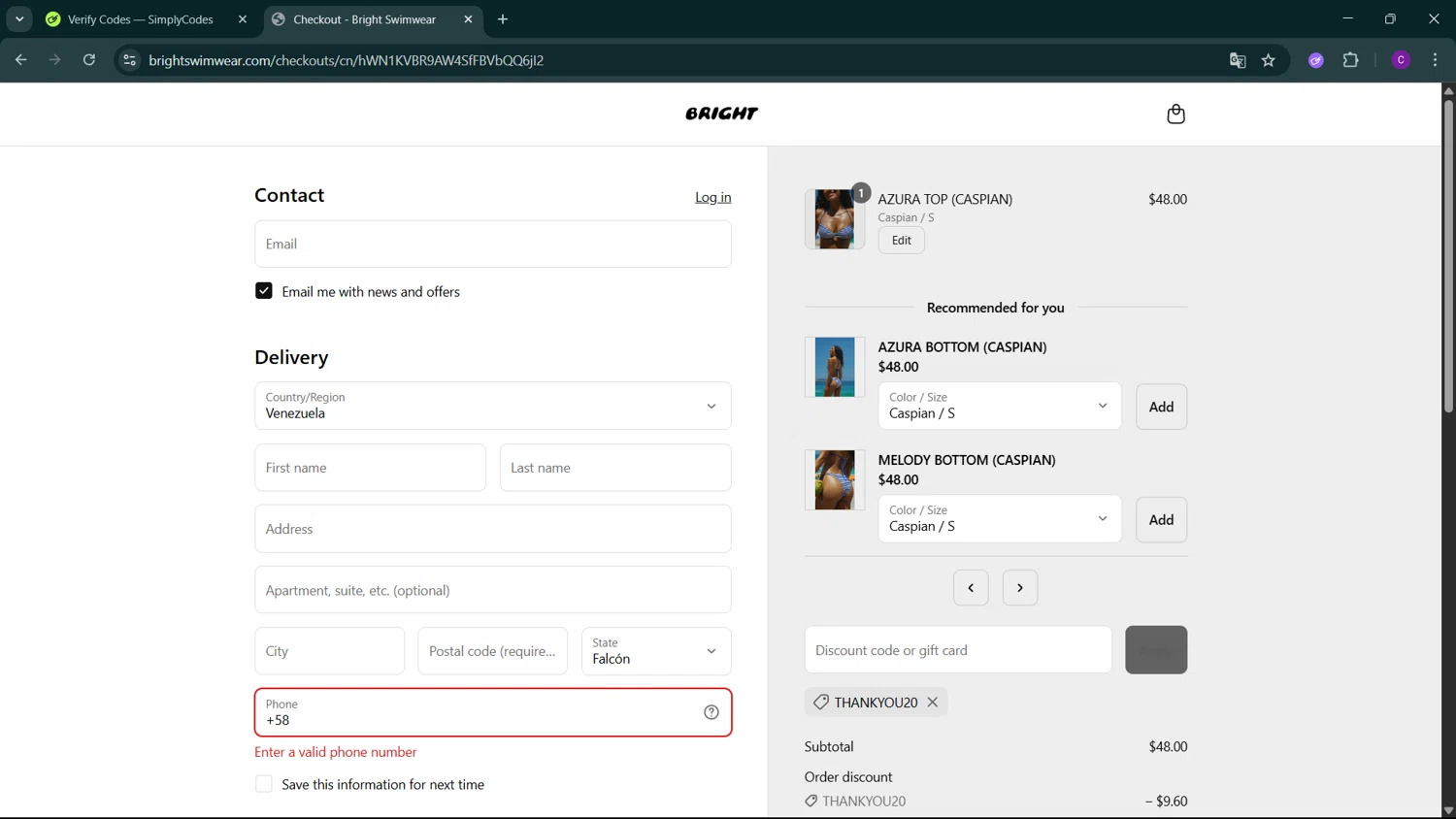 Bright Swimwear discount code screenshot showing code THANKYOU20 applied at Bright Swimwear checkout page. Uploaded by SimplyCodes community member GoldSeeker3096 on Aug 2, 2025