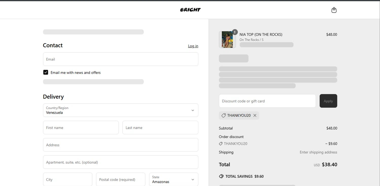 Bright Swimwear discount code screenshot showing code THANKYOU20 applied at Bright Swimwear checkout page. Uploaded by SimplyCodes community member ashe1986 on Jun 6, 2025