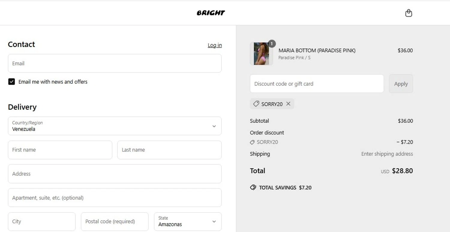 Bright Swimwear discount code screenshot showing code SORRY20 applied at Bright Swimwear checkout page. Uploaded by SimplyCodes community member frankrivero on May 7, 2025