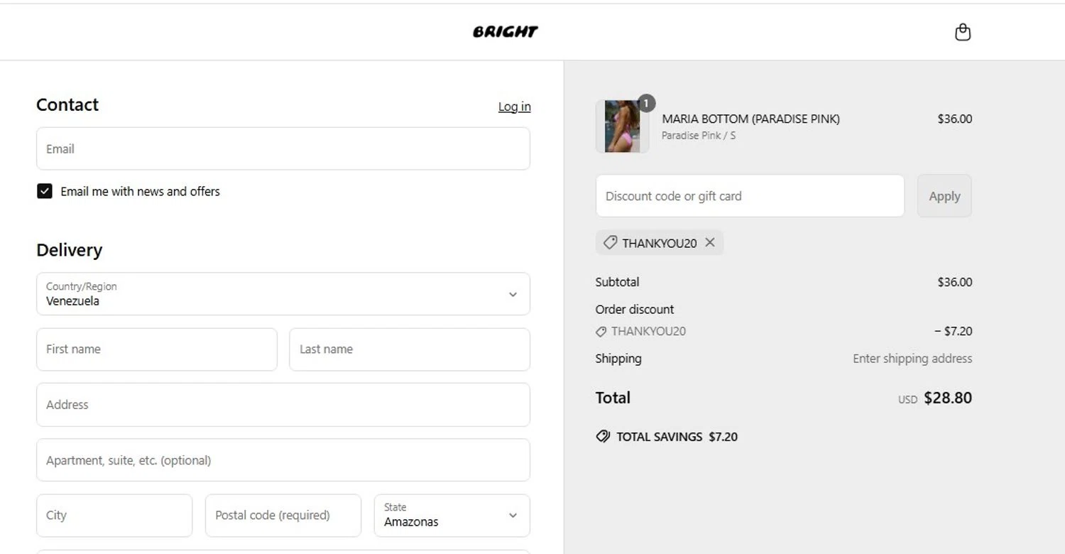 Bright Swimwear discount code screenshot showing code THANKYOU20 applied at Bright Swimwear checkout page. Uploaded by SimplyCodes community member frankrivero on May 7, 2025