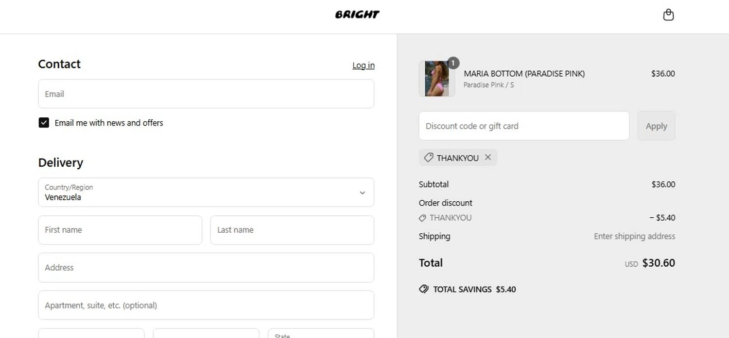 Bright Swimwear discount code screenshot showing code THANKYOU applied at Bright Swimwear checkout page. Uploaded by SimplyCodes community member frankrivero on May 7, 2025