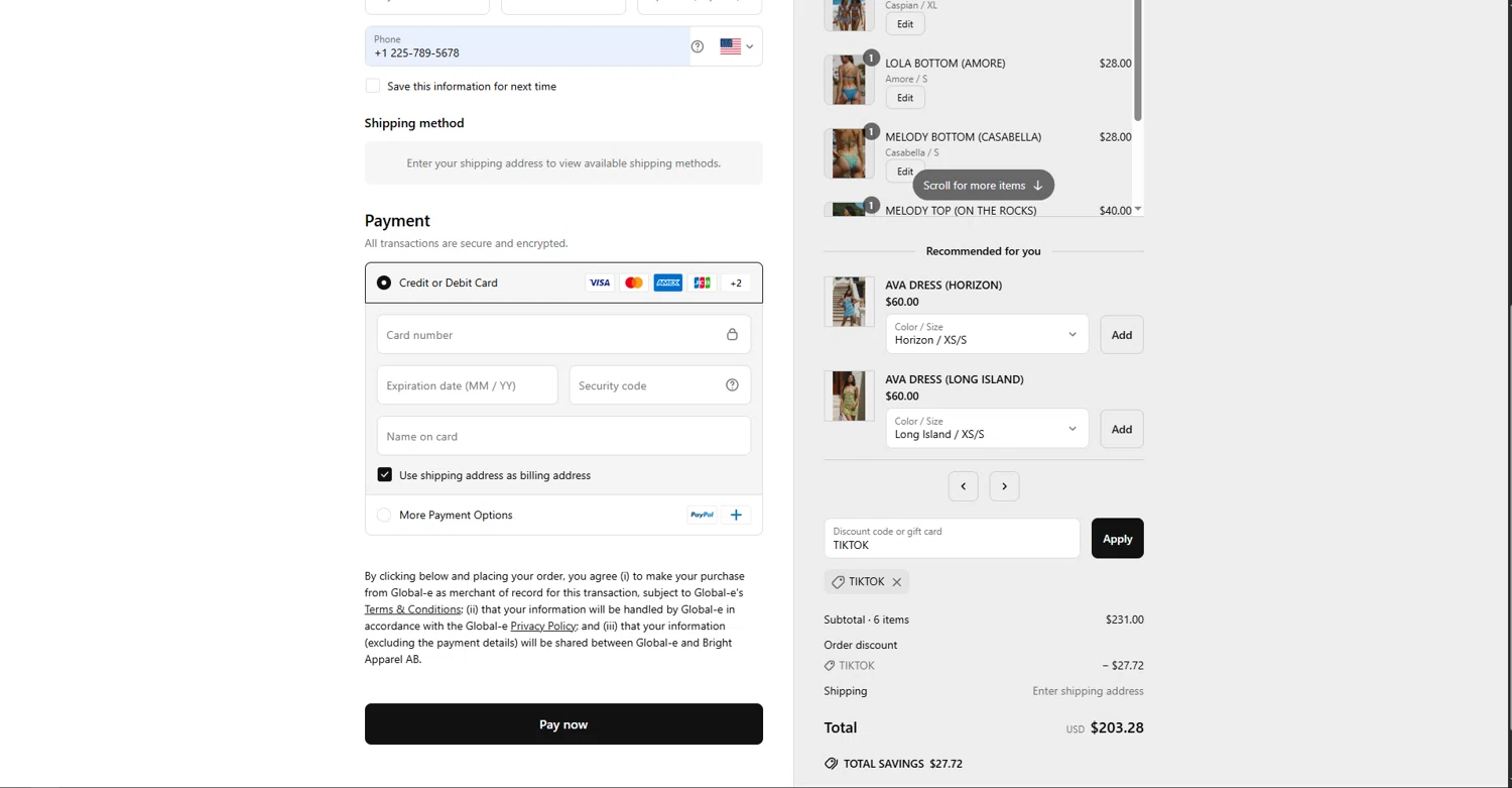 Bright Swimwear discount code screenshot showing code TIKTOK applied at Bright Swimwear checkout page. Uploaded by SimplyCodes community member vctr7w7x on Jun 24, 2025