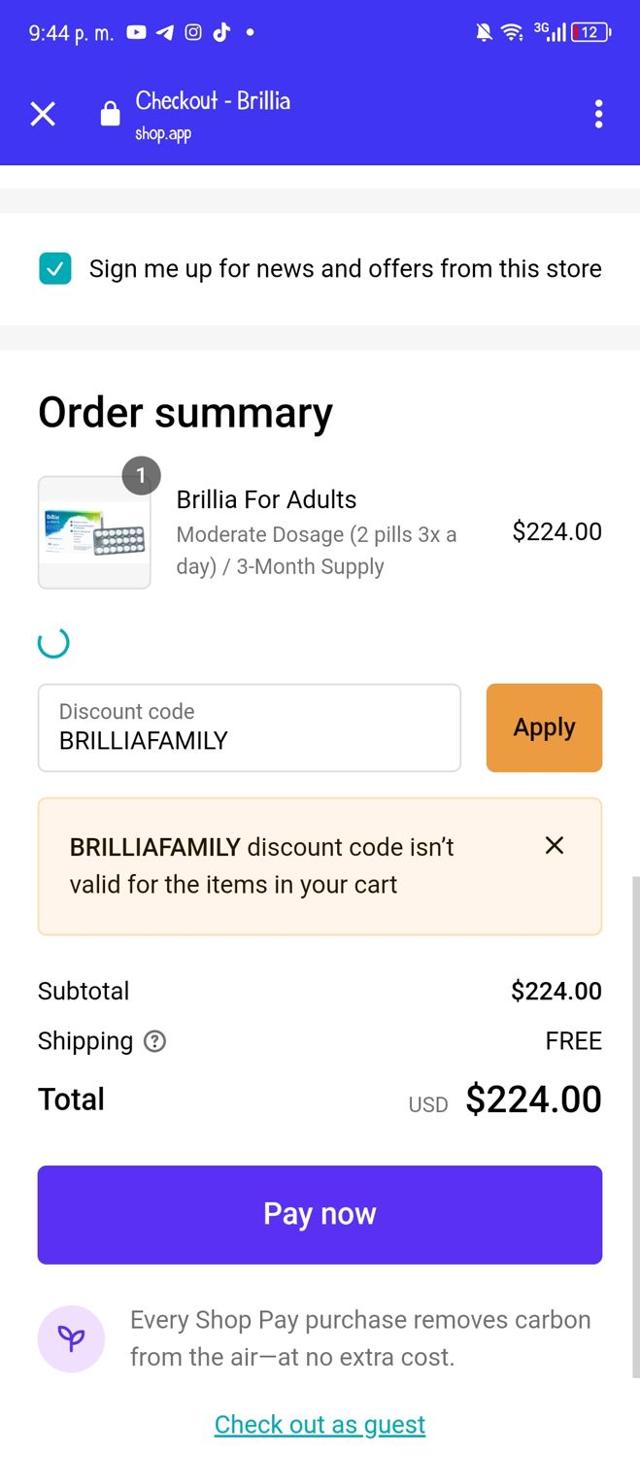 Brillia checkout page showing Brillia discount code box | Screenshot taken by SimplyCodes community member on Feb 26, 2024