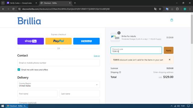 Brillia checkout page showing Brillia discount code box | Screenshot taken by SimplyCodes community member on Mar 29, 2024