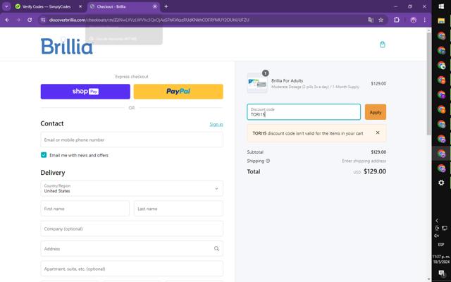 Brillia checkout page showing Brillia discount code box | Screenshot taken by SimplyCodes community member on May 11, 2024