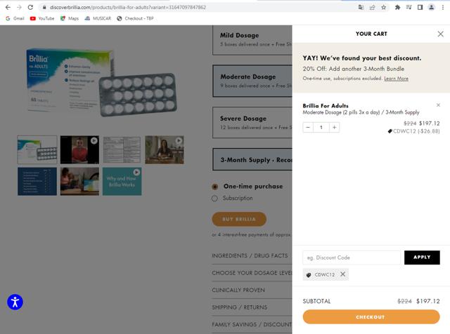 Brillia checkout page showing Brillia discount code box | Screenshot taken by SimplyCodes community member on Feb 29, 2024