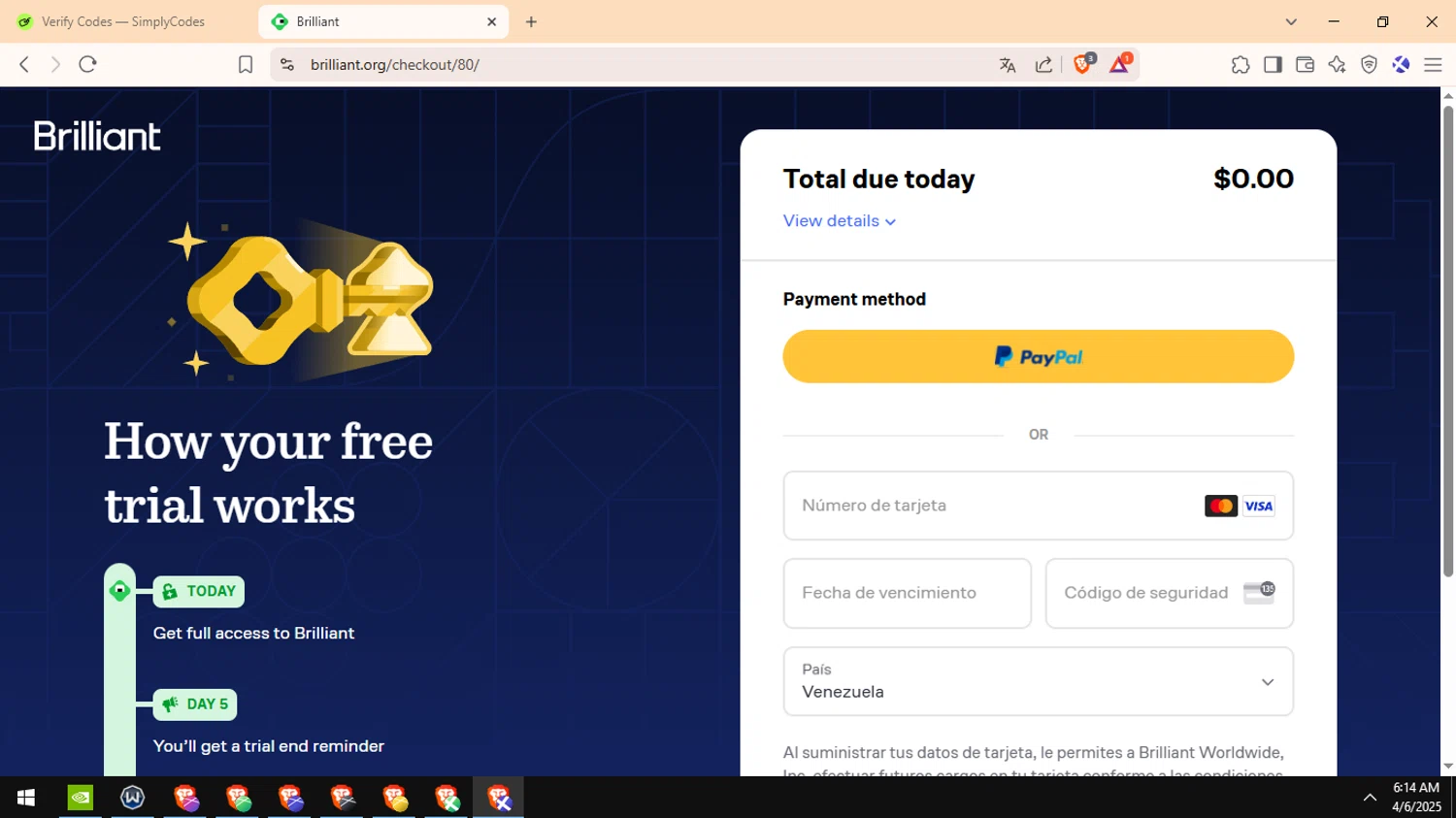 Brilliant discount code screenshot showing code 20% applied at Brilliant checkout page. Uploaded by SimplyCodes community member Avio_21 on Apr 6, 2025