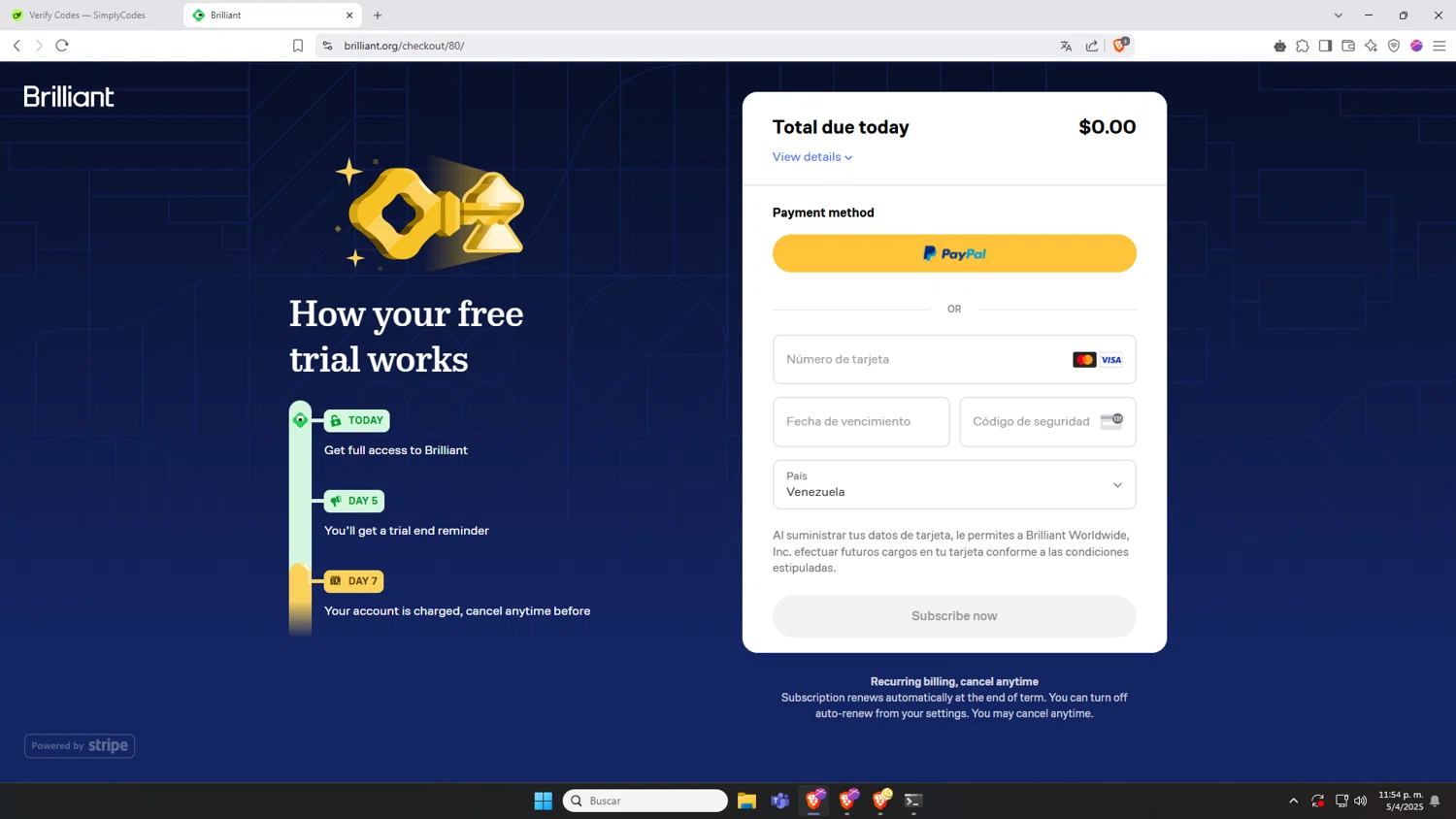 Brilliant discount code screenshot showing code 20% applied at Brilliant checkout page. Uploaded by SimplyCodes community member Hasta_El_Final on Apr 6, 2025