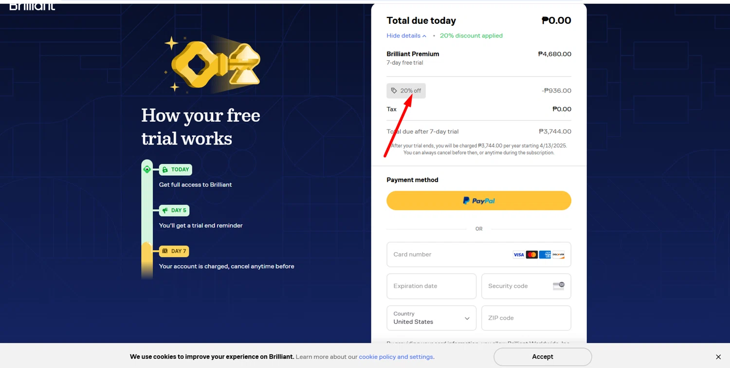 Brilliant discount code screenshot showing code 20% applied at Brilliant checkout page. Uploaded by SimplyCodes community member suppahdealz on Apr 6, 2025