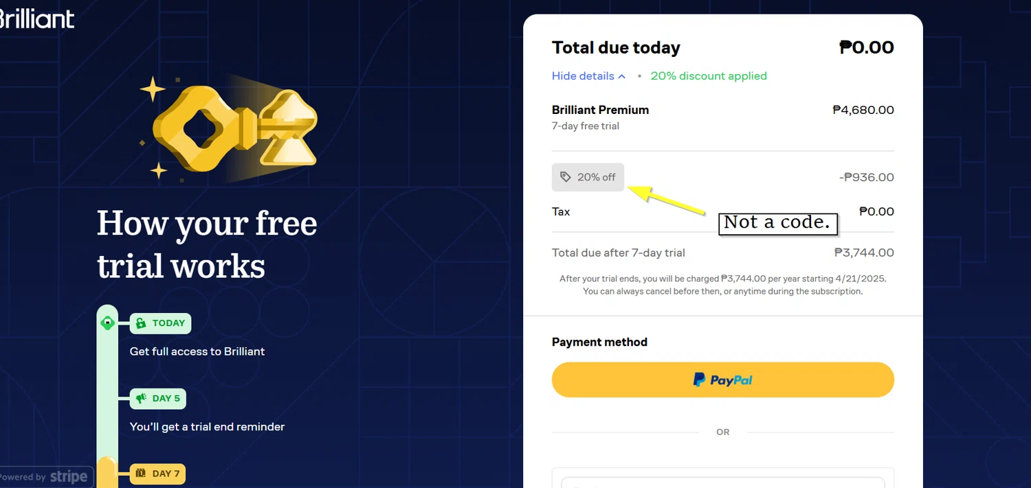 Brilliant discount code screenshot showing code 20off applied at Brilliant checkout page. Uploaded by SimplyCodes community member Lioniel on Apr 14, 2025