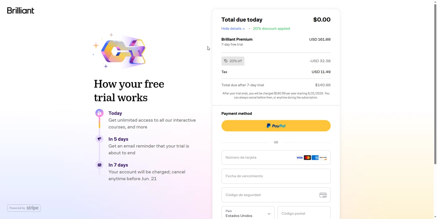 Brilliant checkout page showing Brilliant discount code box | Screenshot taken by SimplyCodes community member on Jun 14, 2025