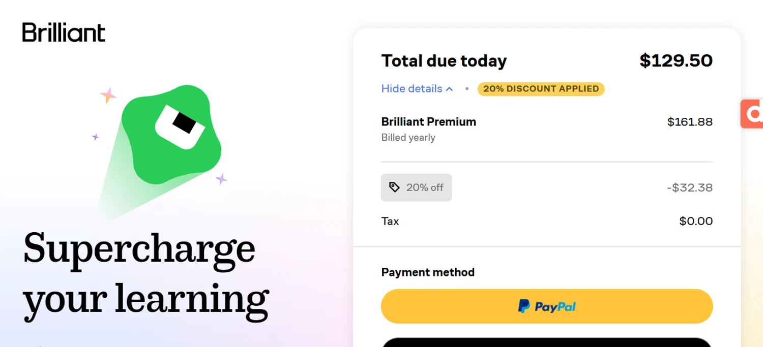 Brilliant discount code screenshot showing code 20%off applied at Brilliant checkout page. Uploaded by SimplyCodes community member ESTHER3121 on Dec 22, 2025