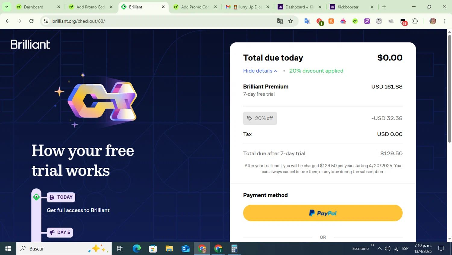 Brilliant discount code screenshot showing code 20off applied at Brilliant checkout page. Uploaded by SimplyCodes community member diosbeidycolina on Apr 13, 2025