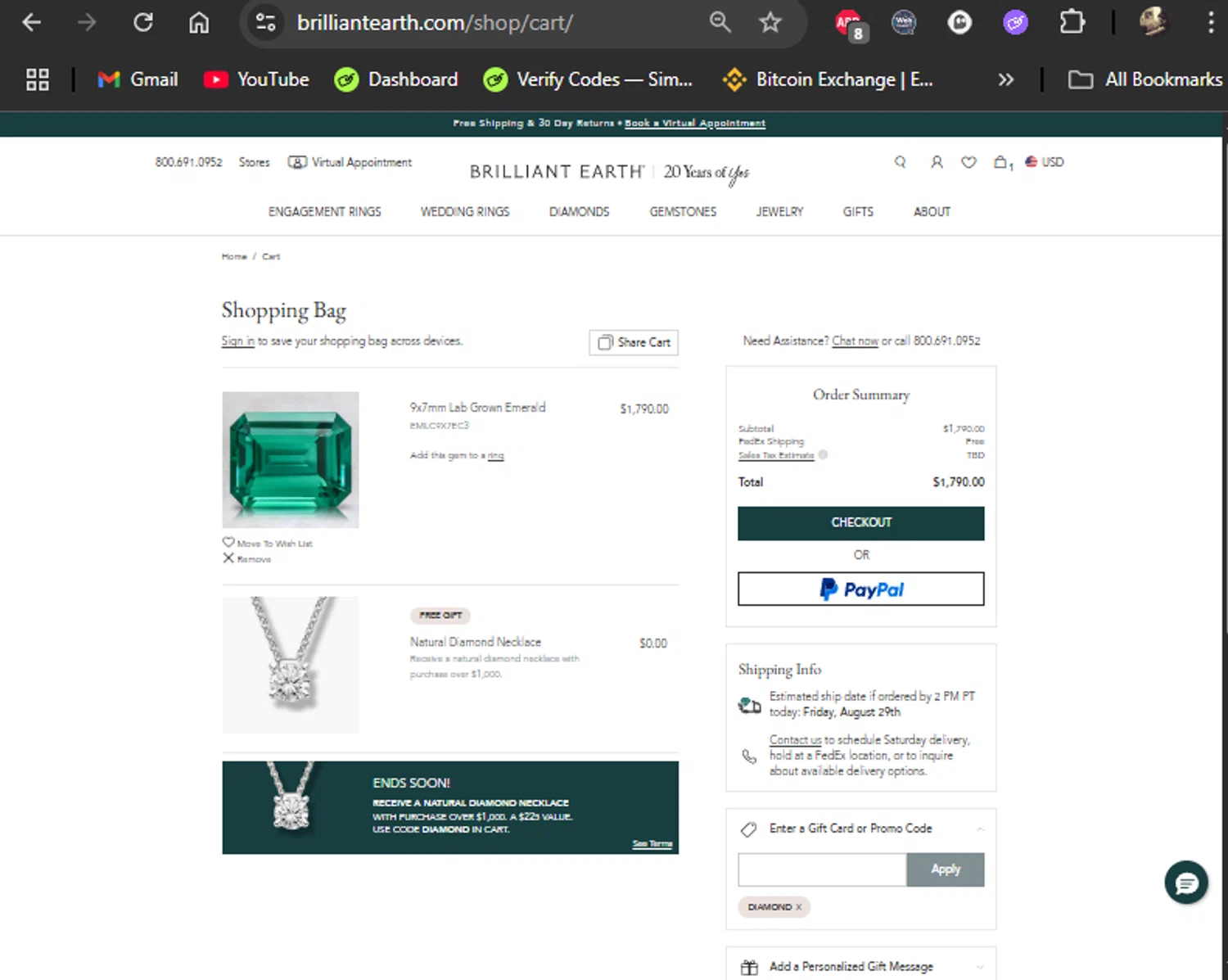 Brilliant Earth promo code screenshot showing code DIAMOND applied at Brilliant Earth checkout page. Uploaded by SimplyCodes community member LiShang on Aug 25, 2025