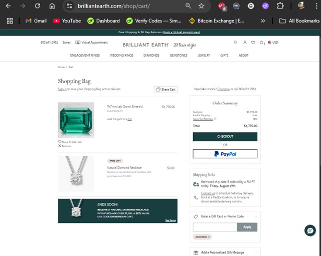 Brilliant Earth checkout page showing Brilliant Earth promo code box | Screenshot taken by SimplyCodes community member on Aug 25, 2025