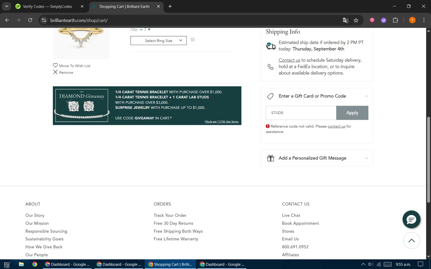 Brilliant Earth promo code screenshot showing code STUDS applied at Brilliant Earth checkout page. Uploaded by SimplyCodes community member EpicHero3141 on Aug 20, 2025