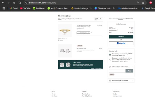 Brilliant Earth checkout page showing Brilliant Earth promo code box | Screenshot taken by SimplyCodes community member on Aug 14, 2025