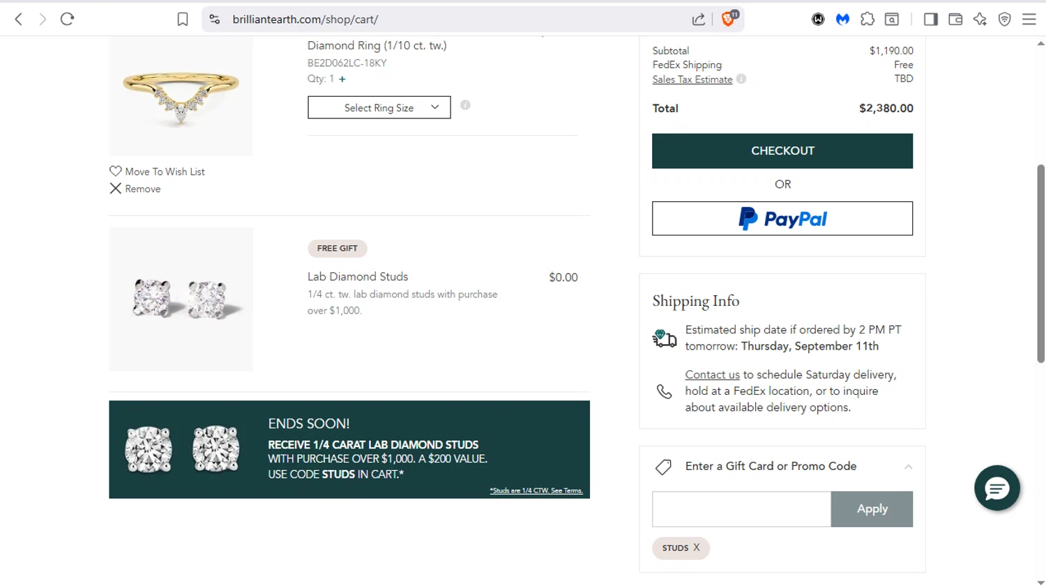 Brilliant Earth promo code screenshot showing code STUDS applied at Brilliant Earth checkout page. Uploaded by SimplyCodes community member dayselis15 on Aug 26, 2025