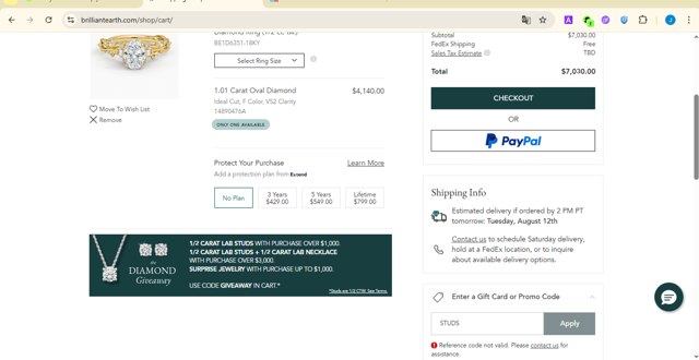 Brilliant Earth checkout page showing Brilliant Earth promo code box | Screenshot taken by SimplyCodes community member on Jul 20, 2025