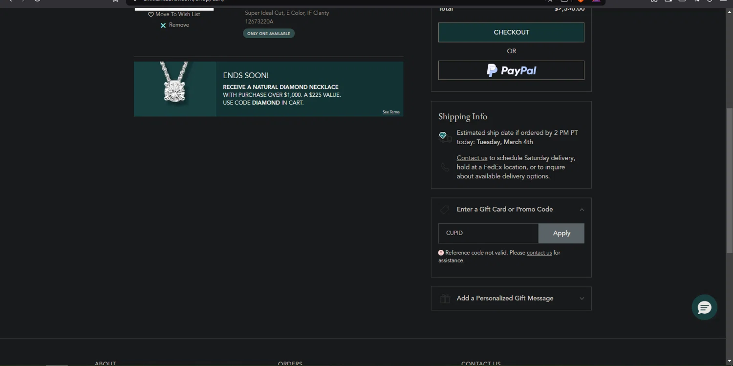 Brilliant Earth promo code screenshot showing code CUPID applied at Brilliant Earth checkout page. Uploaded by SimplyCodes community member Nor_man on Feb 17, 2025