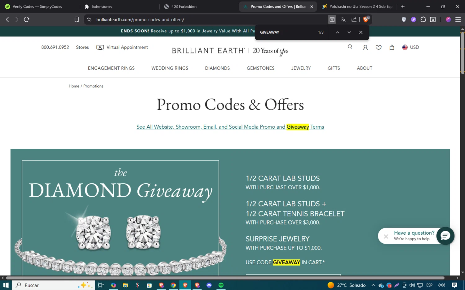 Brilliant Earth promo code screenshot showing code GIVEAWAY applied at Brilliant Earth checkout page. Uploaded by SimplyCodes community member SmartSaver5858 on Jul 28, 2025