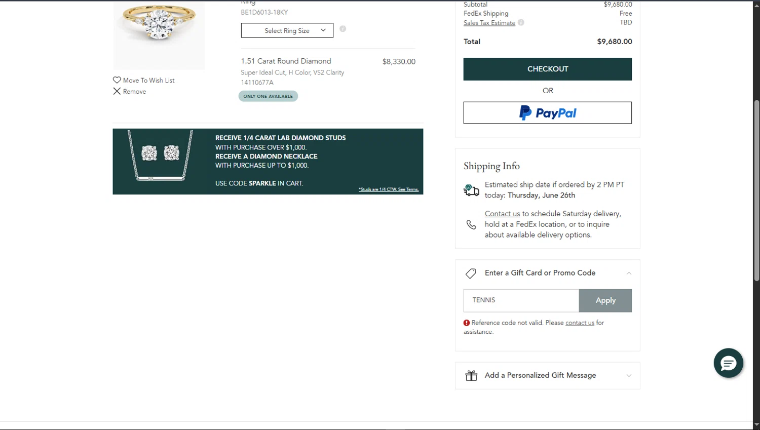 Brilliant Earth promo code screenshot showing code TENNIS applied at Brilliant Earth checkout page. Uploaded by SimplyCodes community member TokioMiller on Jun 6, 2025