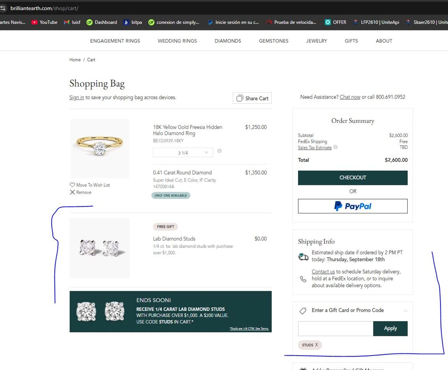 Brilliant Earth promo code screenshot showing code STUDS applied at Brilliant Earth checkout page. Uploaded by SimplyCodes community member lfppernia on Aug 26, 2025