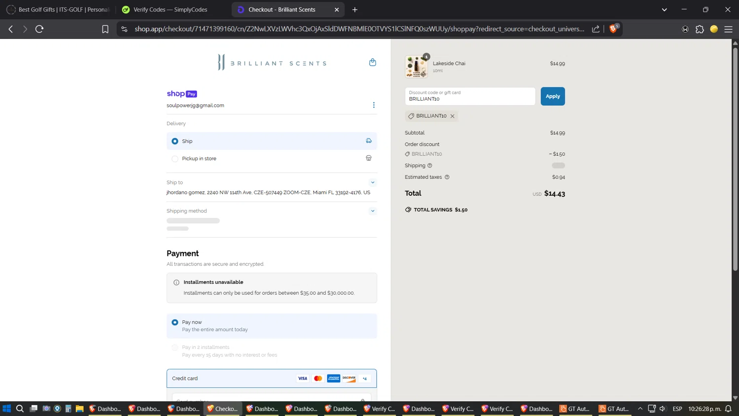Brilliant Scents coupon code screenshot showing code BRILLIANT10 applied at Brilliant Scents checkout page. Uploaded by SimplyCodes community member ZoilaPerrita on May 29, 2025