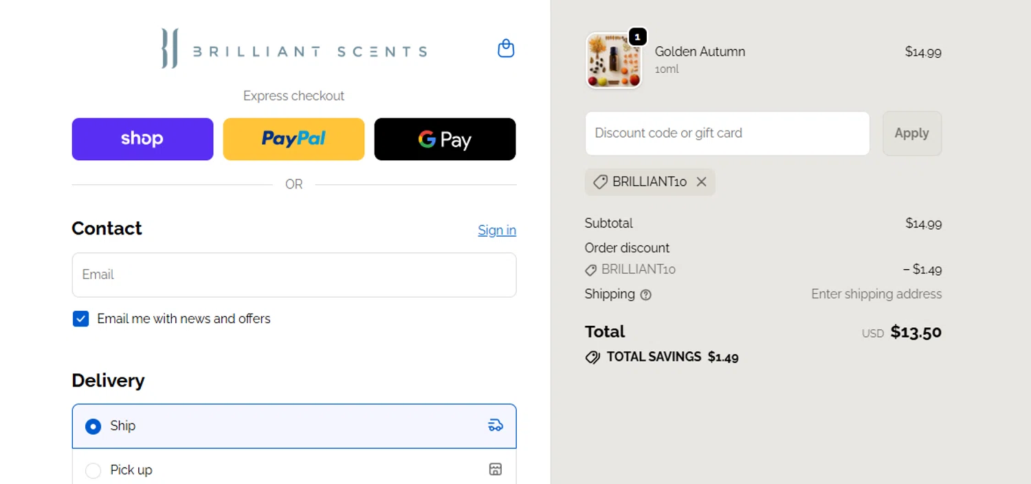Brilliant Scents coupon code screenshot showing code BRILLIANT10 applied at Brilliant Scents checkout page. Uploaded by SimplyCodes community member carloschacin on Oct 27, 2025