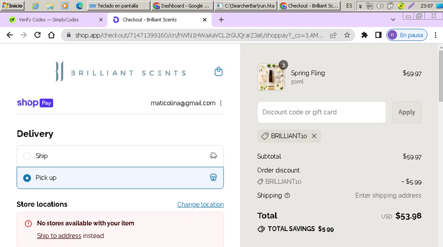 Brilliant Scents coupon code screenshot showing code BRILLIANT10 applied at Brilliant Scents checkout page. Uploaded by SimplyCodes community member nairelysnavarro1 on Aug 1, 2025