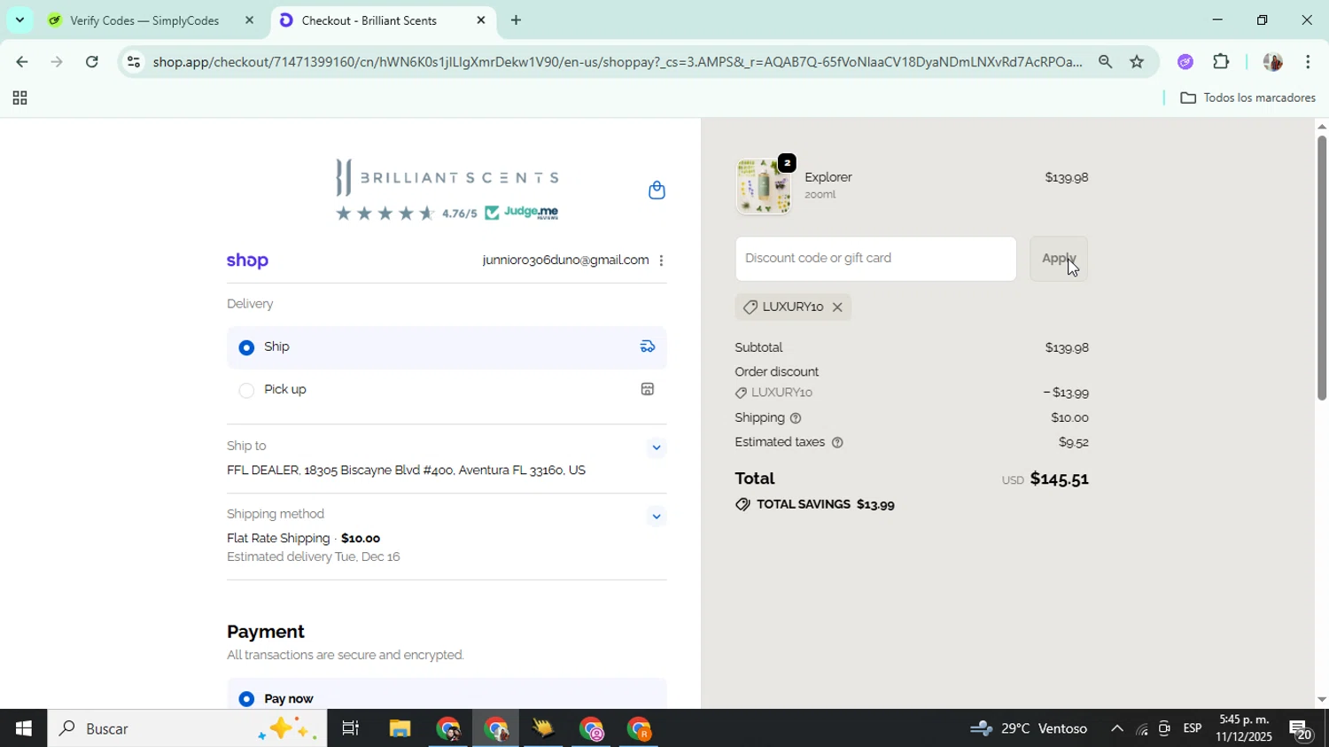 Brilliant Scents coupon code screenshot showing code LUXURY10 applied at Brilliant Scents checkout page. Uploaded by SimplyCodes community member Mujerdejunnior on Dec 11, 2025