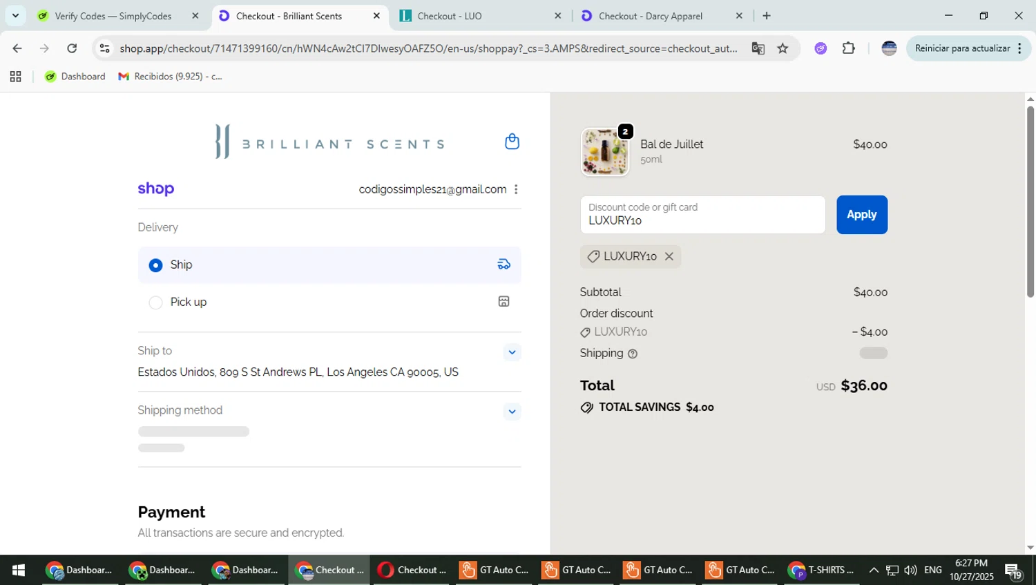 Brilliant Scents coupon code screenshot showing code LUXURY10 applied at Brilliant Scents checkout page. Uploaded by SimplyCodes community member TrevorPhilips on Oct 27, 2025