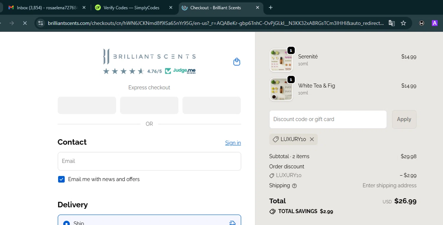 Brilliant Scents coupon code screenshot showing code LUXURY10 applied at Brilliant Scents checkout page. Uploaded by SimplyCodes community member VoucherHero6322 on Dec 11, 2025