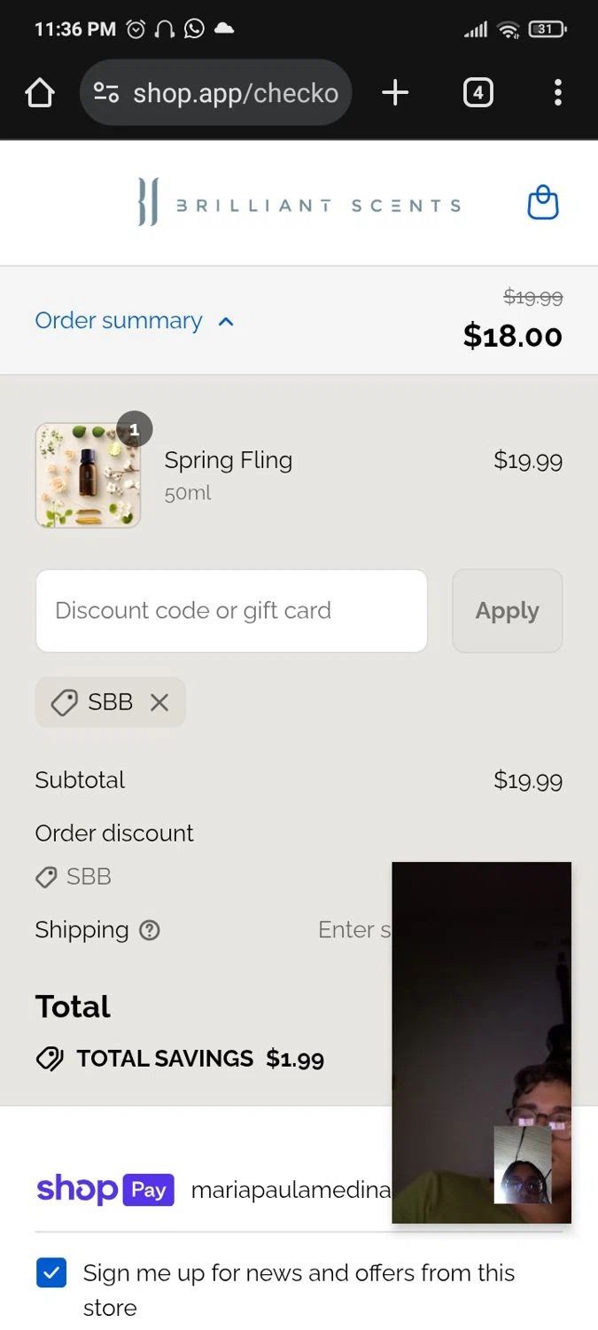 Brilliant Scents coupon code screenshot showing code SBB applied at Brilliant Scents checkout page. Uploaded by SimplyCodes community member PromoMaven605 on Aug 23, 2025