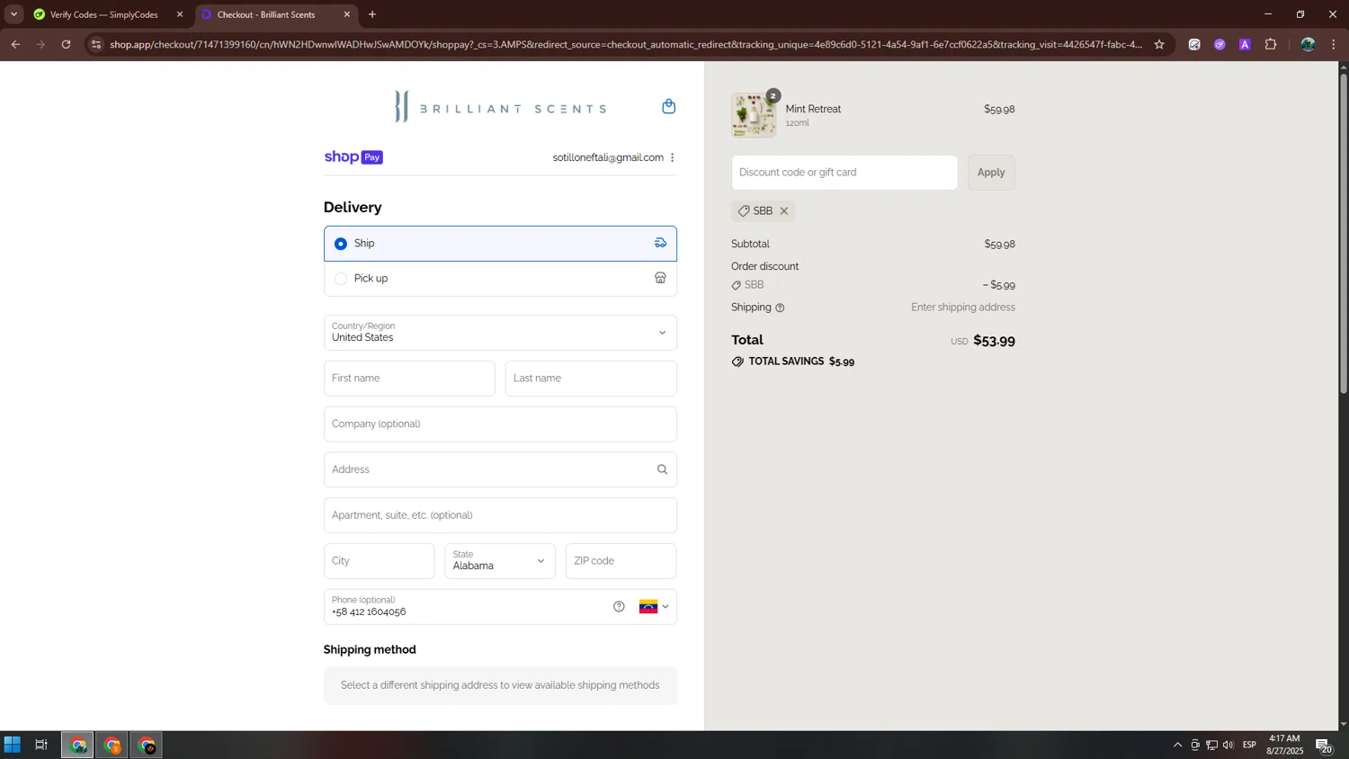 Brilliant Scents coupon code screenshot showing code SBB applied at Brilliant Scents checkout page. Uploaded by SimplyCodes community member neurioandrades on Aug 27, 2025