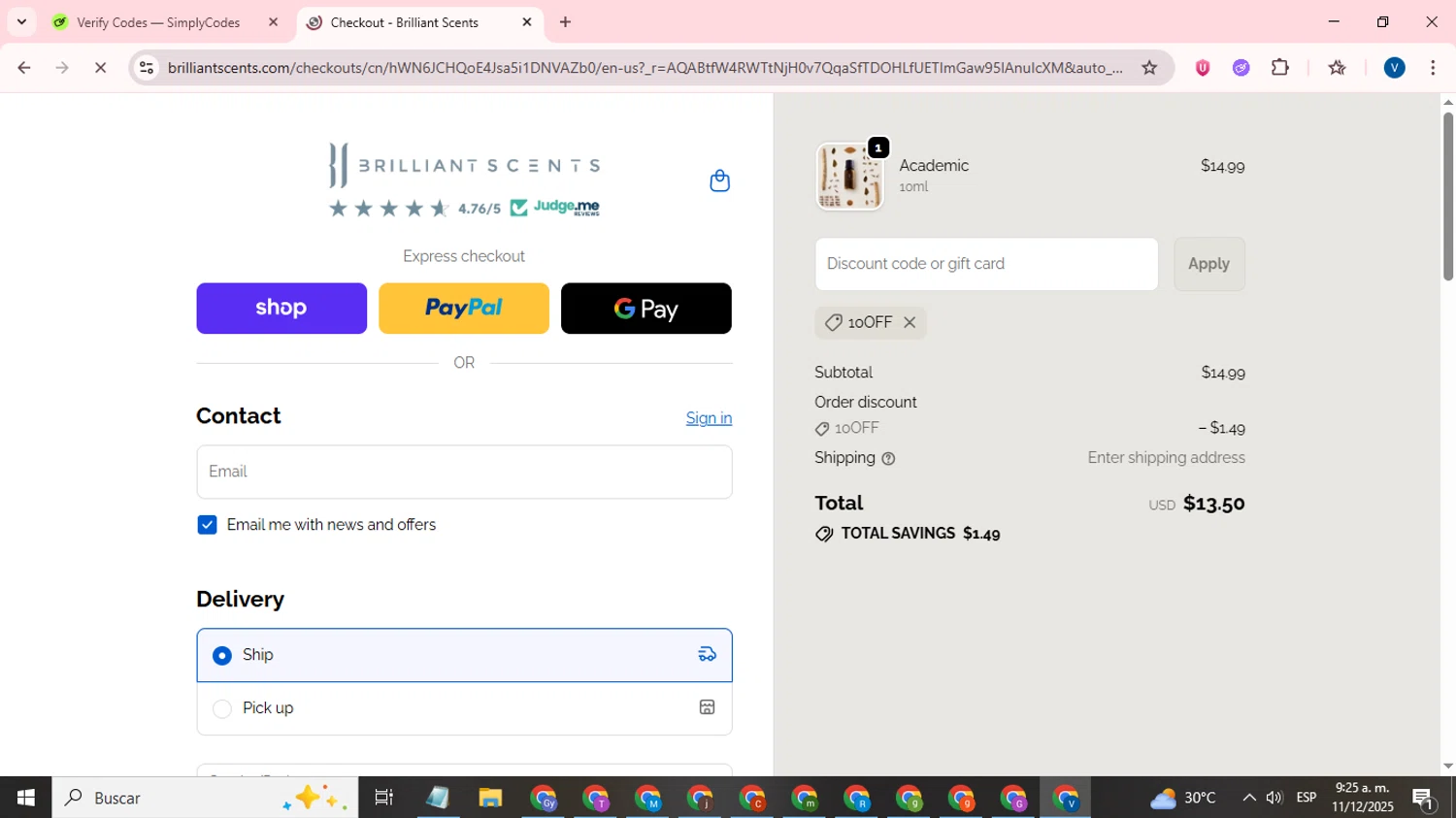 Brilliant Scents coupon code screenshot showing code 10OFF applied at Brilliant Scents checkout page. Uploaded by SimplyCodes community member CrownTitan5376 on Dec 11, 2025