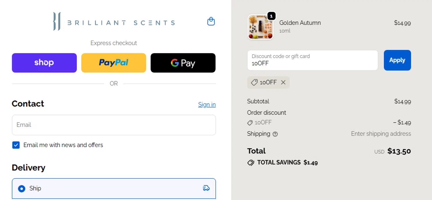 Brilliant Scents coupon code screenshot showing code 10OFF applied at Brilliant Scents checkout page. Uploaded by SimplyCodes community member Jhonny on Oct 16, 2025