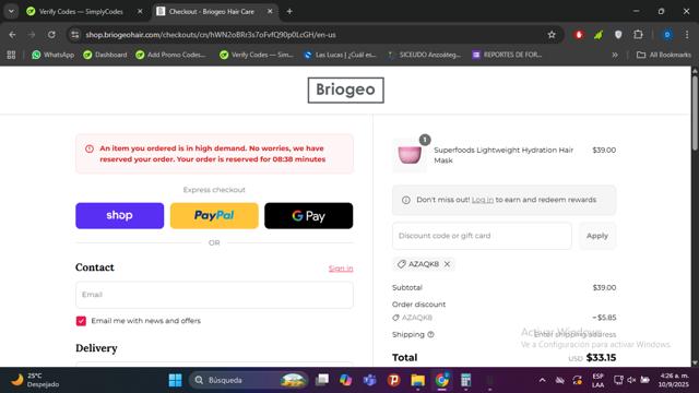 Briogeo Hair Care checkout page showing Briogeo Hair Care promo code box | Screenshot taken by SimplyCodes community member on Sep 10, 2025