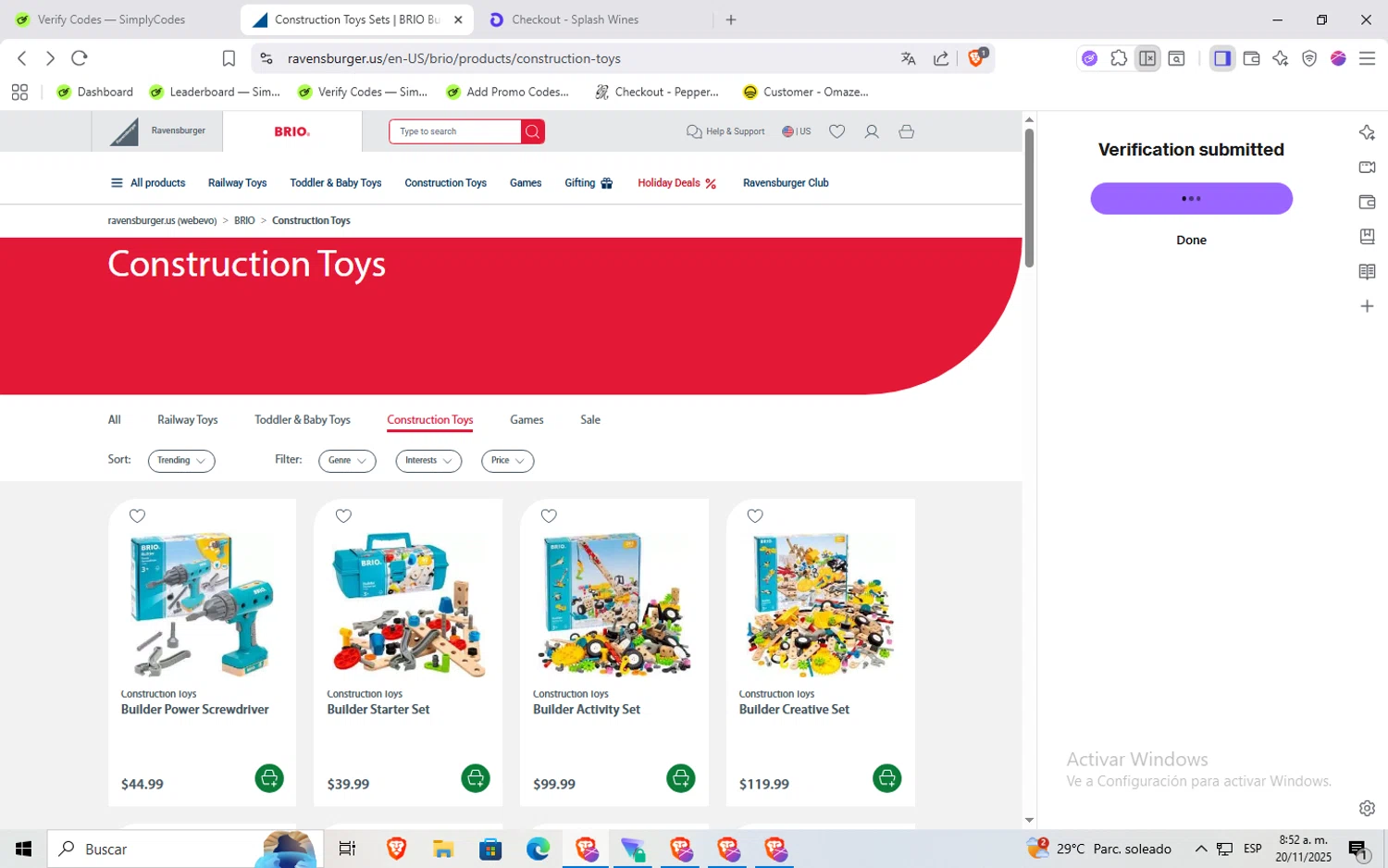 BRIO promo code screenshot showing code EMAIL10 applied at BRIO checkout page. Uploaded by SimplyCodes community member Rayyyyyy on Nov 20, 2025