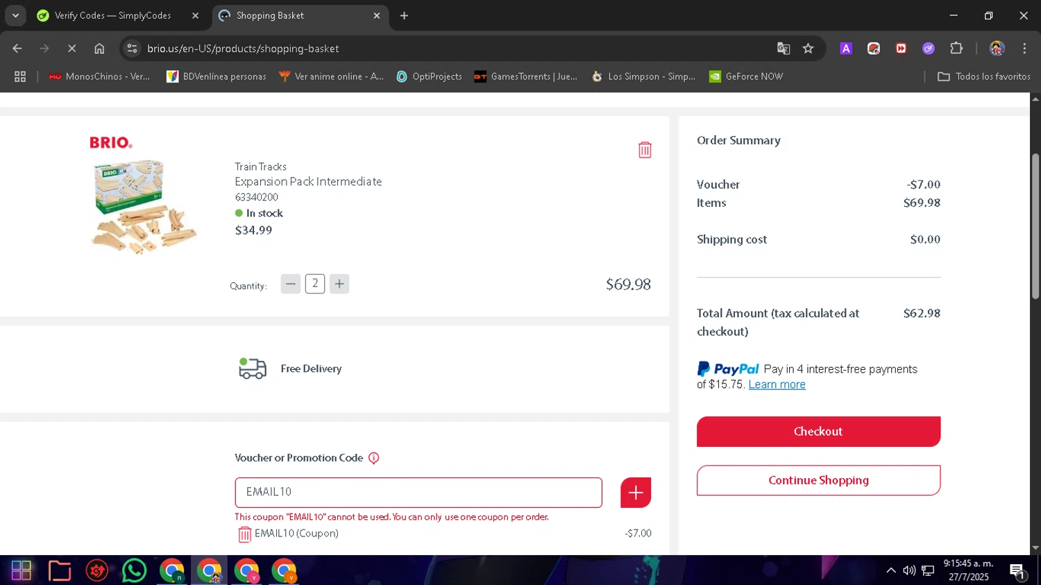 BRIO promo code screenshot showing code EMAIL10 applied at BRIO checkout page. Uploaded by SimplyCodes community member ThriftyTitan4052 on Jul 27, 2025