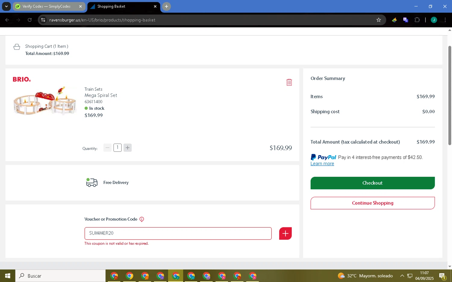 BRIO promo code screenshot showing code SUMMER20 applied at BRIO checkout page. Uploaded by SimplyCodes community member MagnificentCaptain7552 on Sep 4, 2025