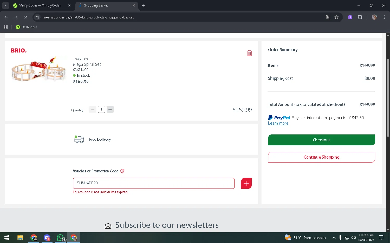 BRIO promo code screenshot showing code SUMMER20 applied at BRIO checkout page. Uploaded by SimplyCodes community member MoneyFalcon9087 on Sep 4, 2025