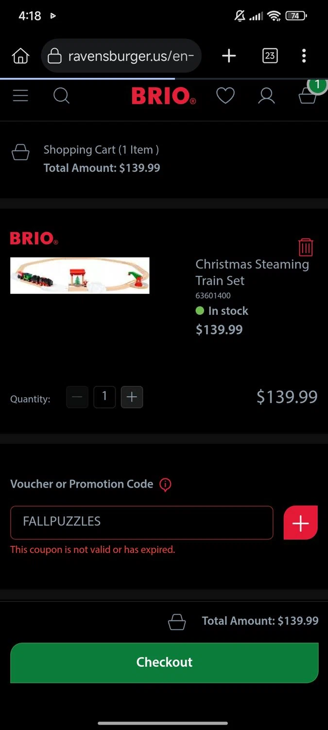 BRIO promo code screenshot showing code FALLPUZZLES applied at BRIO checkout page. Uploaded by SimplyCodes community member Enmanuel17 on Oct 7, 2025