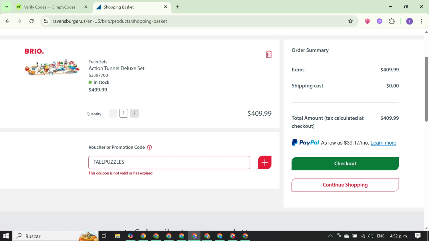 BRIO promo code screenshot showing code FALLPUZZLES applied at BRIO checkout page. Uploaded by SimplyCodes community member FortunateCurator5882 on Oct 7, 2025