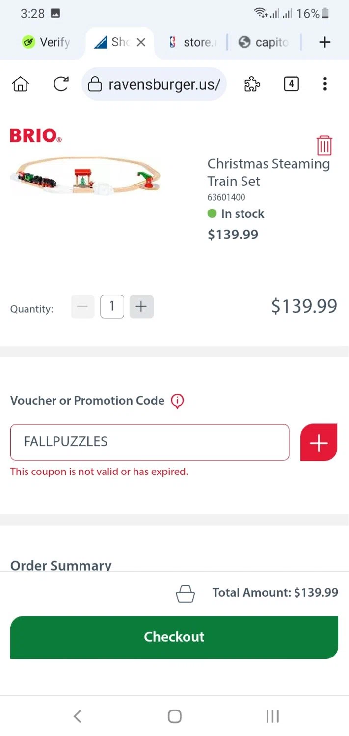 BRIO promo code screenshot showing code FALLPUZZLES applied at BRIO checkout page. Uploaded by SimplyCodes community member menotychire on Oct 7, 2025
