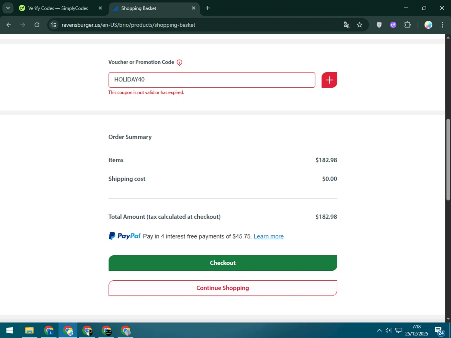 BRIO promo code screenshot showing code HOLIDAY40 applied at BRIO checkout page. Uploaded by SimplyCodes community member Estrellitacoairis on Dec 25, 2025